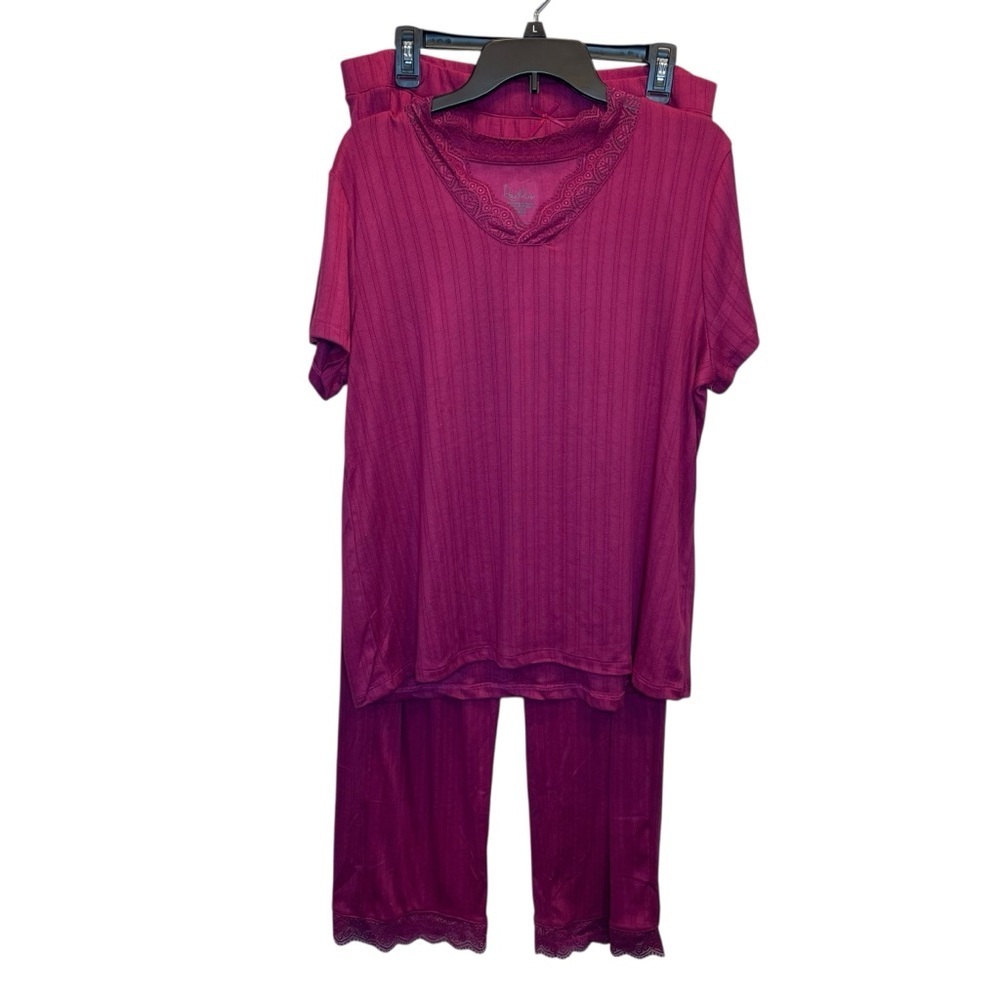 Roudelain Lace-Trim Pointelle Pajamas Set 2 Piece Boysenberry Purple Large New